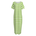 Green And White Check Pattern Print Short Sleeve Long Nightdress