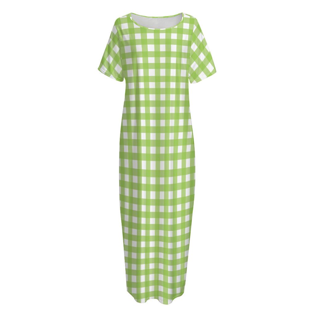 Green And White Check Pattern Print Short Sleeve Long Nightdress