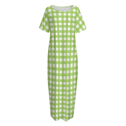 Green And White Check Pattern Print Short Sleeve Long Nightdress