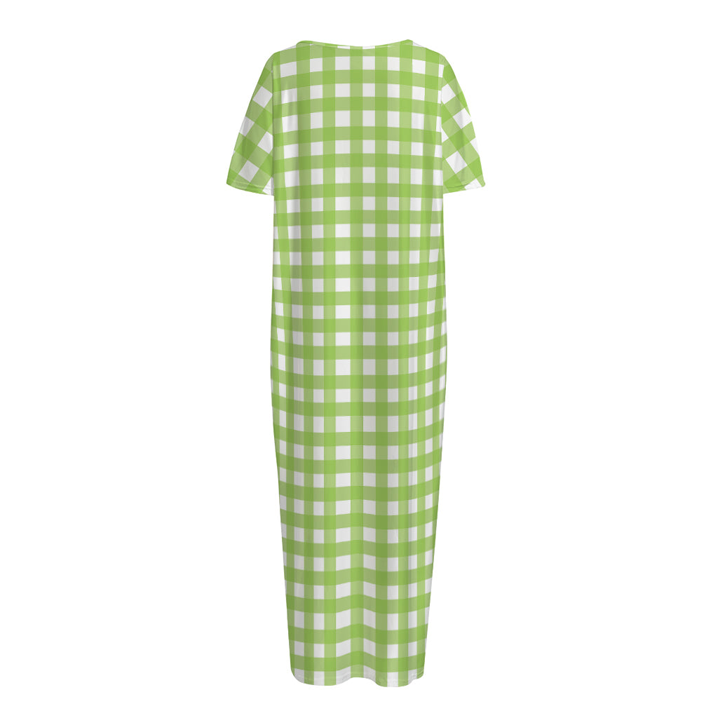 Green And White Check Pattern Print Short Sleeve Long Nightdress