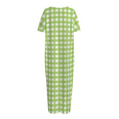 Green And White Check Pattern Print Short Sleeve Long Nightdress