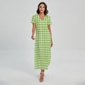 Green And White Check Pattern Print Short Sleeve Maxi Dress