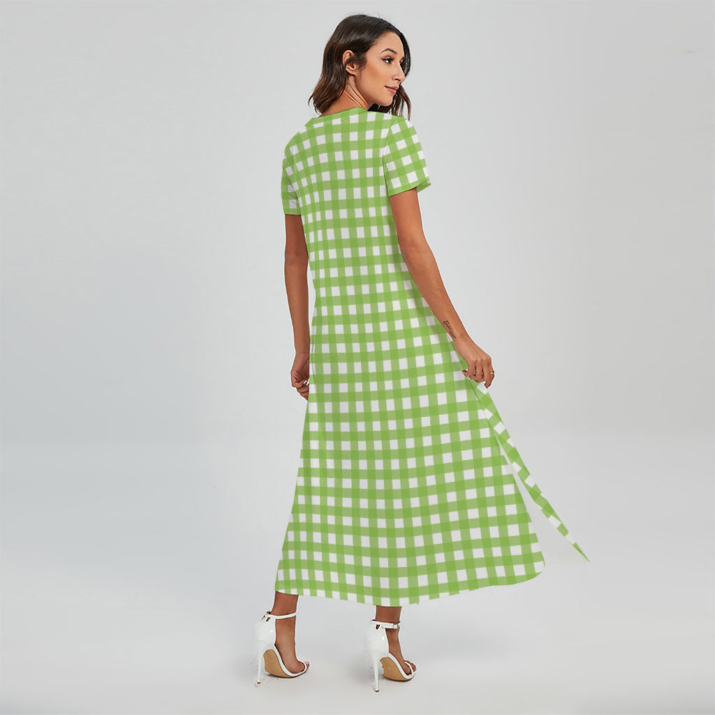 Green And White Check Pattern Print Short Sleeve Maxi Dress