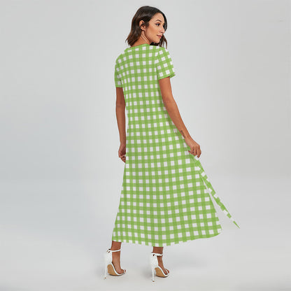 Green And White Check Pattern Print Short Sleeve Maxi Dress