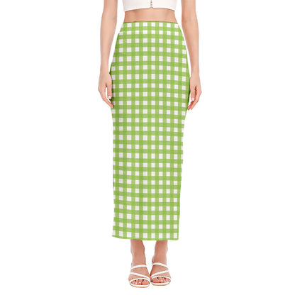 Green And White Check Pattern Print Side Slit Maxi Skirt