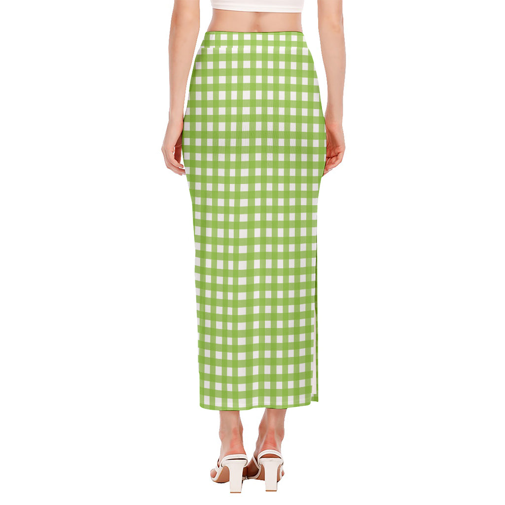 Green And White Check Pattern Print Side Slit Maxi Skirt