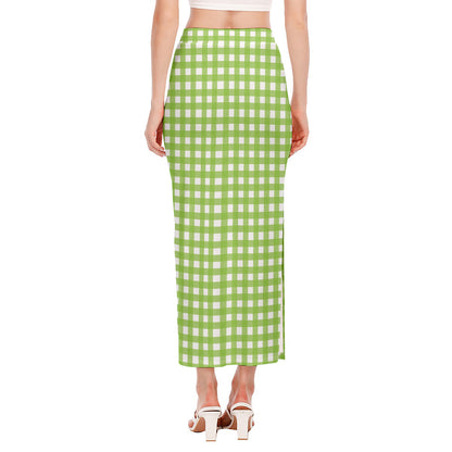 Green And White Check Pattern Print Side Slit Maxi Skirt