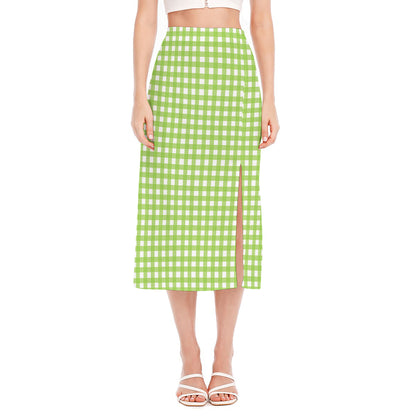 Green And White Check Pattern Print Side Slit Midi Skirt