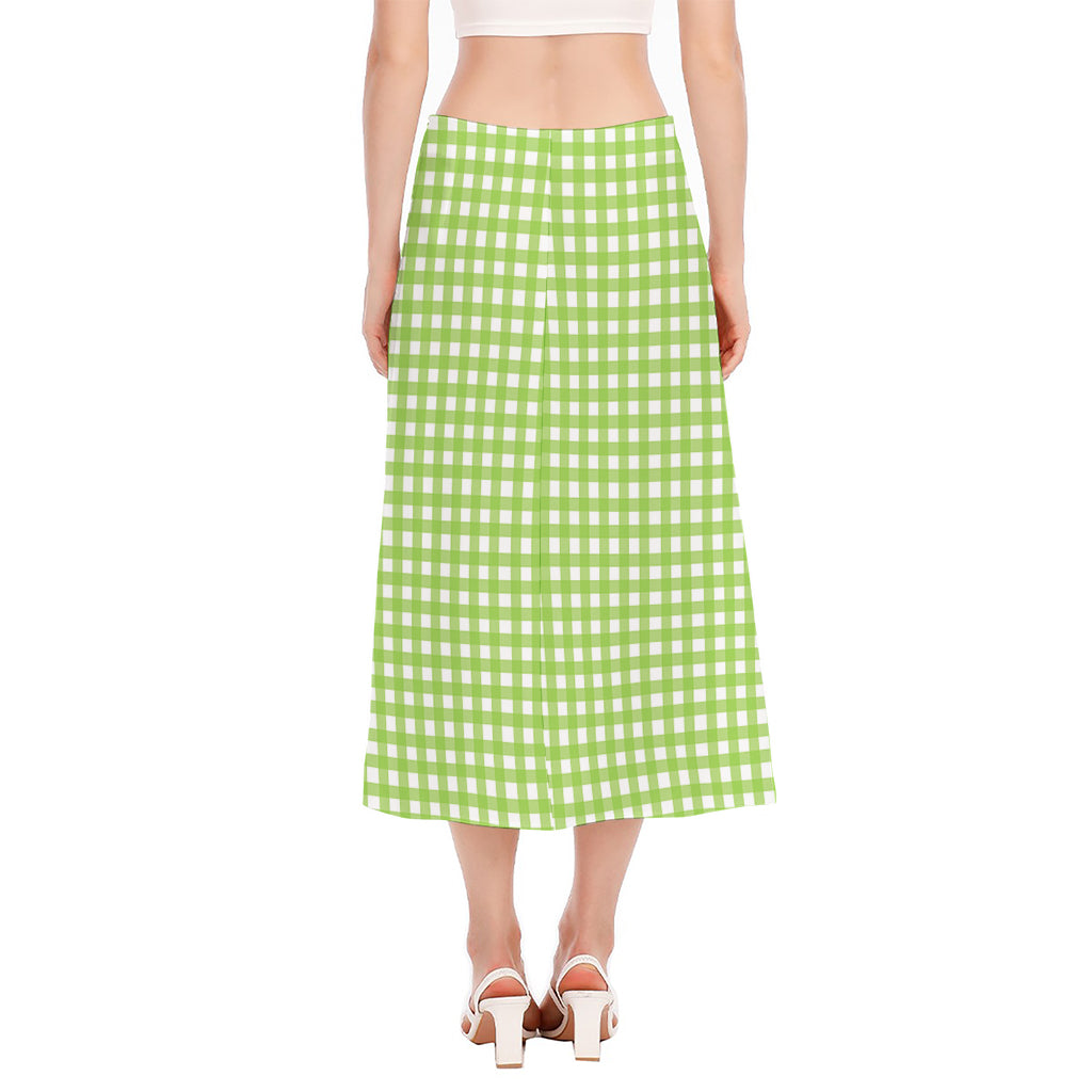 Green And White Check Pattern Print Side Slit Midi Skirt