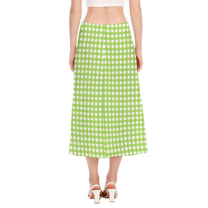 Green And White Check Pattern Print Side Slit Midi Skirt