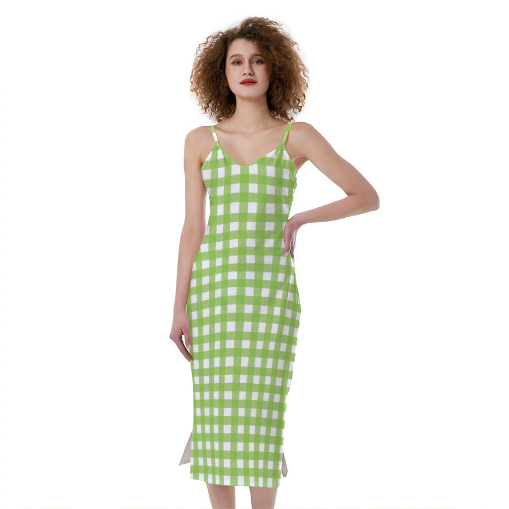 Green And White Check Pattern Print Slim Fit Midi Cami Dress