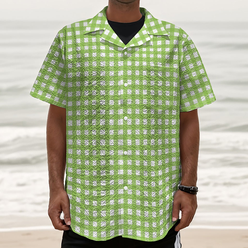 Green And White Check Pattern Print Textured Short Sleeve Shirt