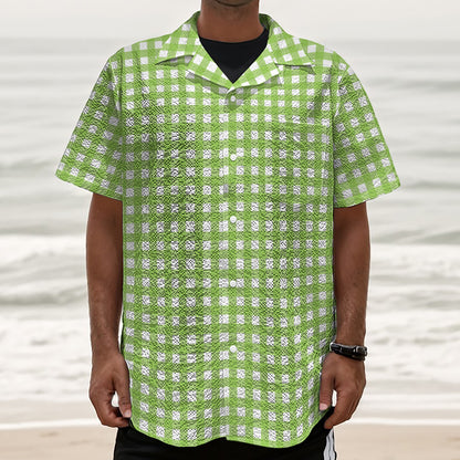 Green And White Check Pattern Print Textured Short Sleeve Shirt