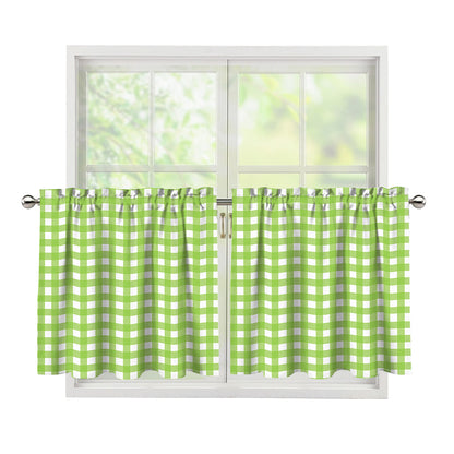 Green And White Check Pattern Print Tier Curtains