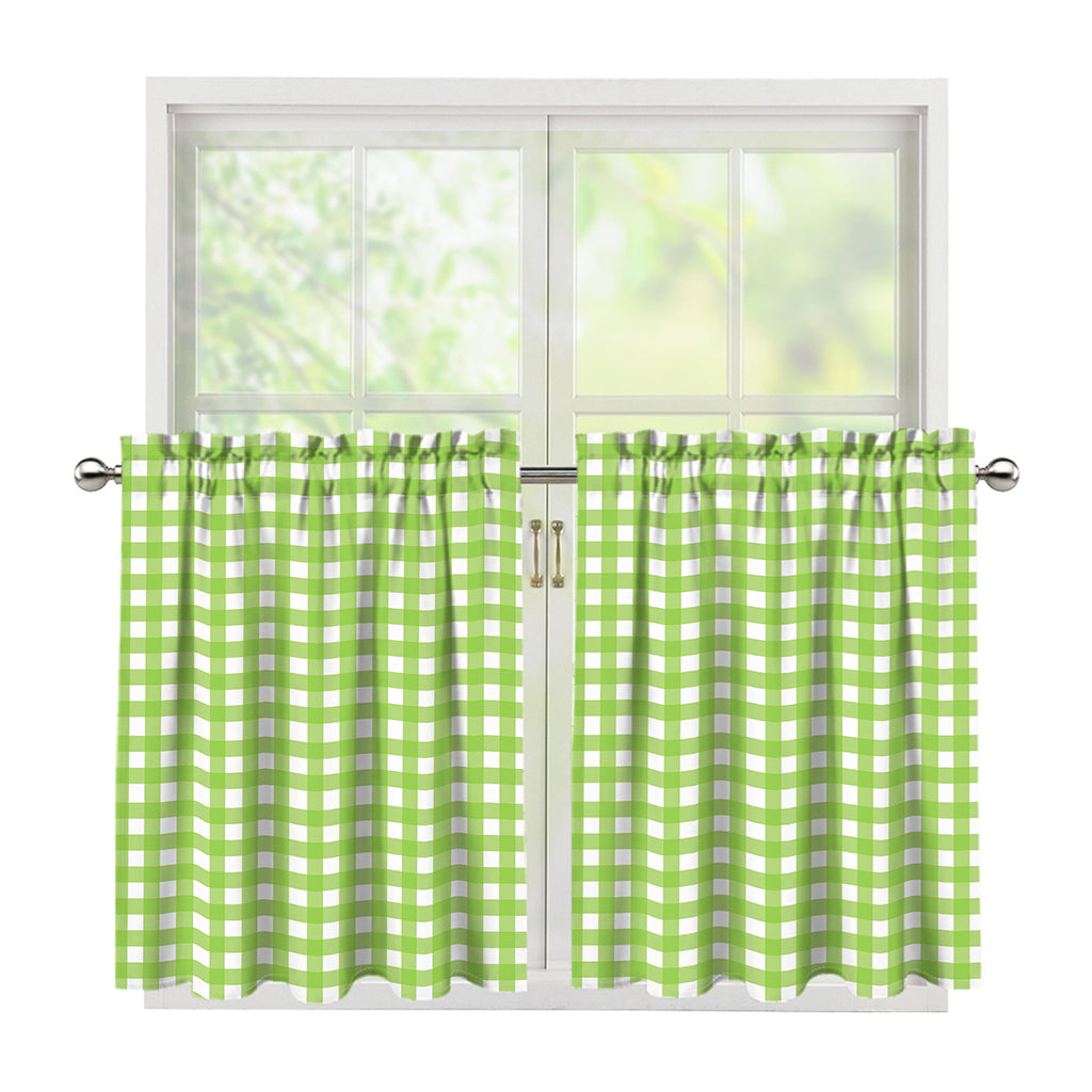 Green And White Check Pattern Print Tier Curtains