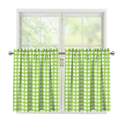 Green And White Check Pattern Print Tier Curtains