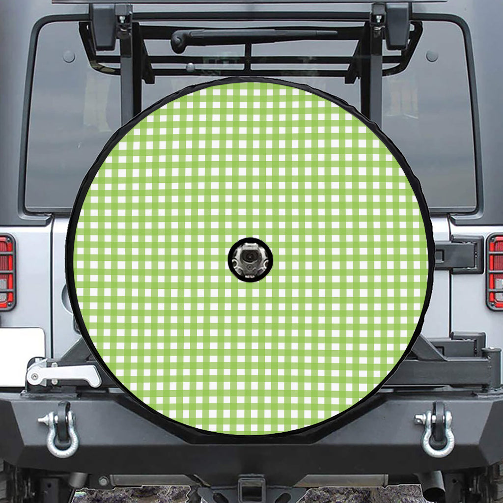 Green And White Check Pattern Print Tire Cover With Camera Hole