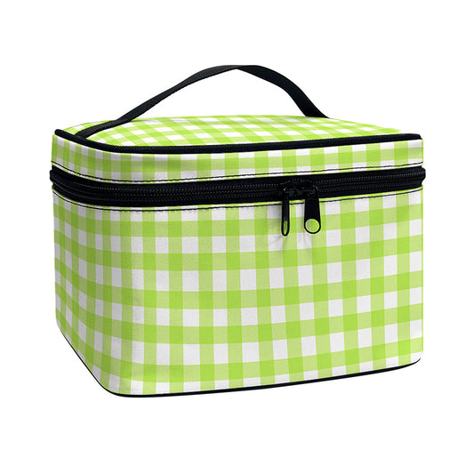 Green And White Check Pattern Print Travel Makeup Bag