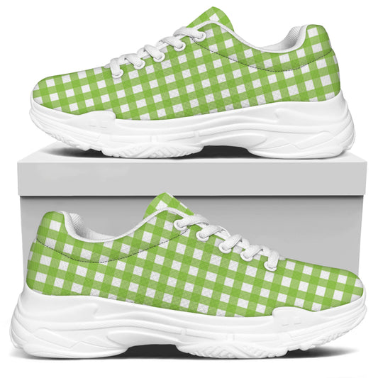 Green And White Check Pattern Print White Chunky Shoes