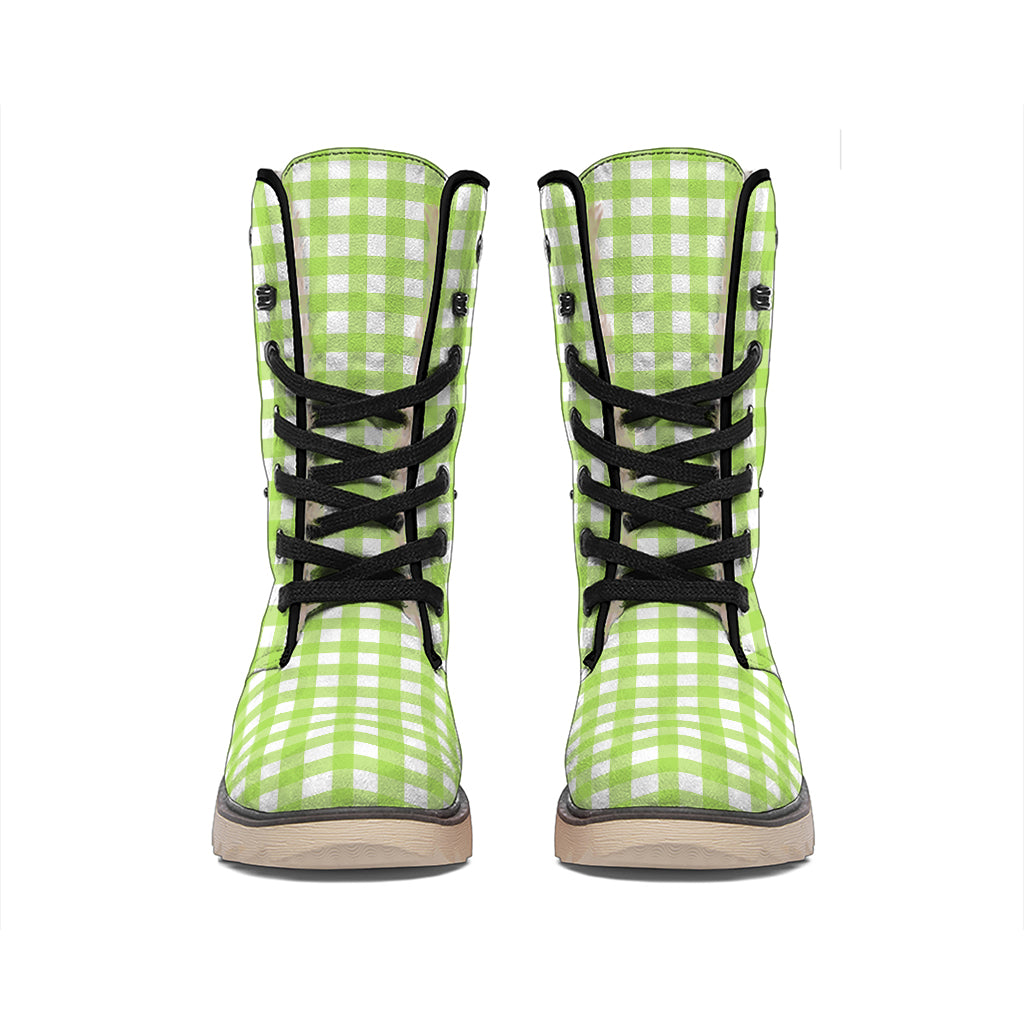 Green And White Check Pattern Print Winter Boots