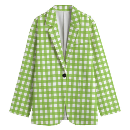 Green And White Check Pattern Print Women's Cotton Blazer