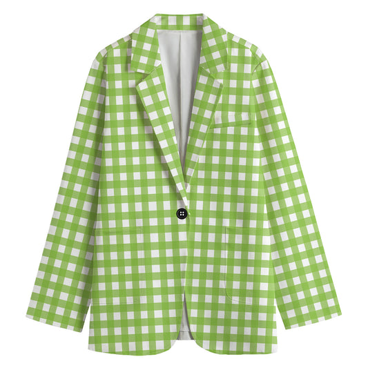 Green And White Check Pattern Print Women's Cotton Blazer