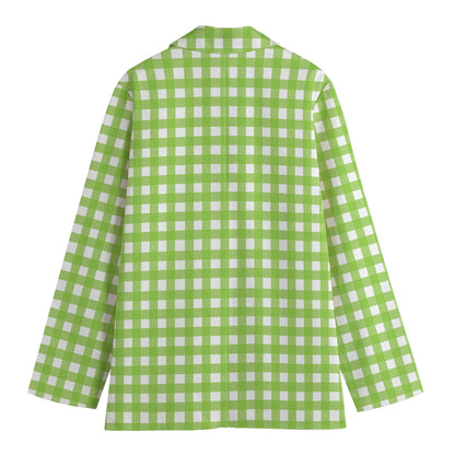 Green And White Check Pattern Print Women's Cotton Blazer