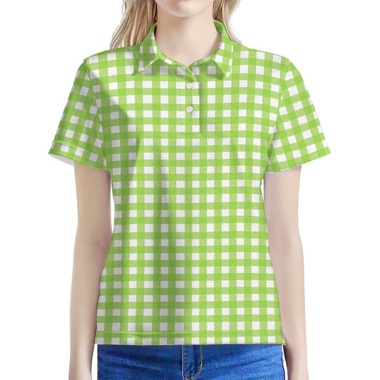 Green And White Check Pattern Print Women's Polo Shirt
