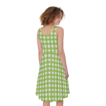 Green And White Check Pattern Print Women's Sleeveless Dress