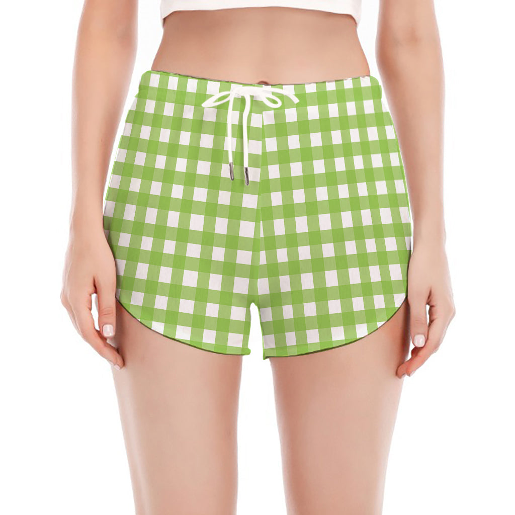 Green And White Check Pattern Print Women's Split Running Shorts