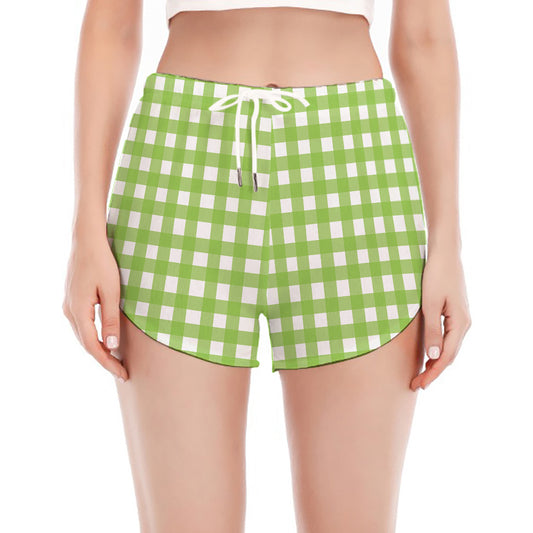 Green And White Check Pattern Print Women's Split Running Shorts