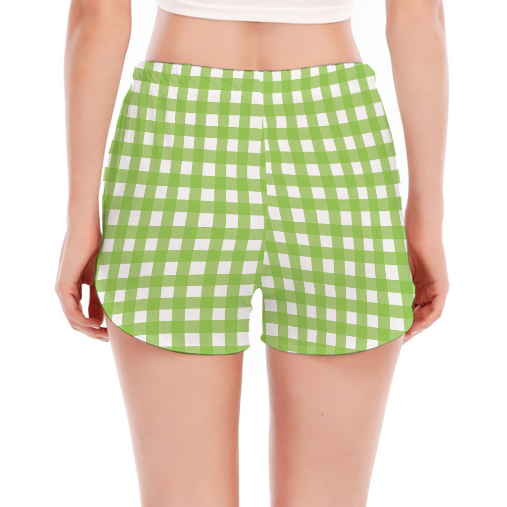 Green And White Check Pattern Print Women's Split Running Shorts