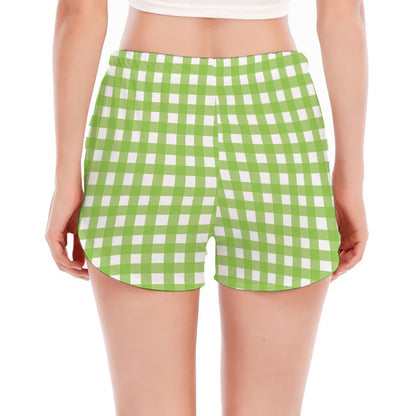 Green And White Check Pattern Print Women's Split Running Shorts