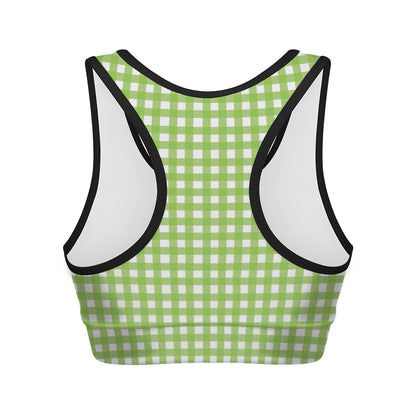 Green And White Check Pattern Print Women's Sports Bra