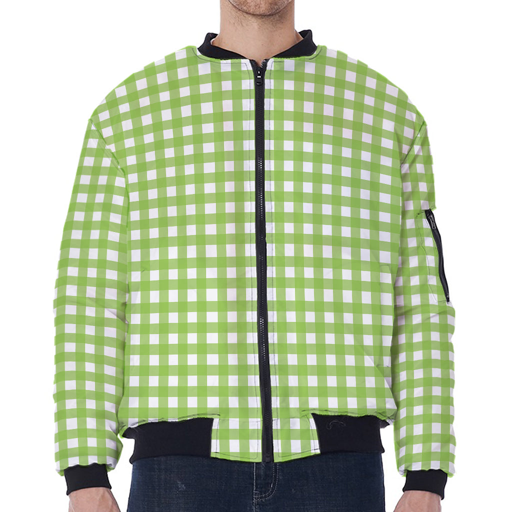 Green And White Check Pattern Print Zip Sleeve Bomber Jacket