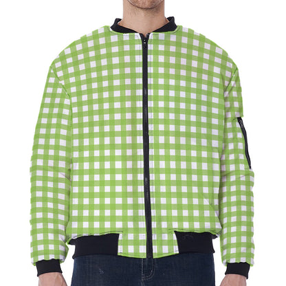 Green And White Check Pattern Print Zip Sleeve Bomber Jacket