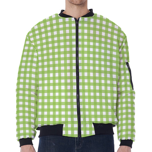 Green And White Check Pattern Print Zip Sleeve Bomber Jacket