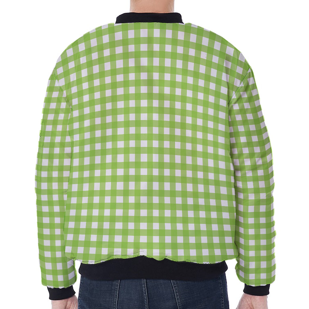 Green And White Check Pattern Print Zip Sleeve Bomber Jacket