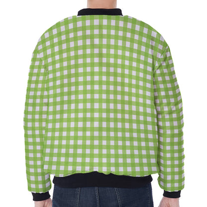 Green And White Check Pattern Print Zip Sleeve Bomber Jacket