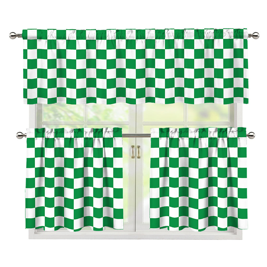 Green And White Checkered Pattern Print 3 Piece Kitchen Curtains