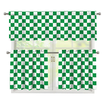 Green And White Checkered Pattern Print 3 Piece Kitchen Curtains