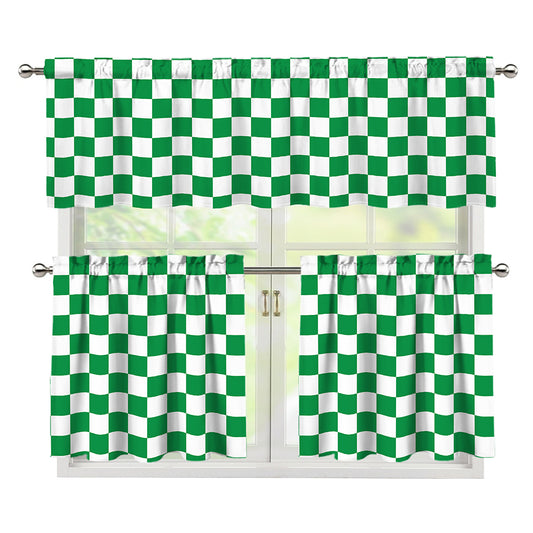 Green And White Checkered Pattern Print 3 Piece Kitchen Curtains