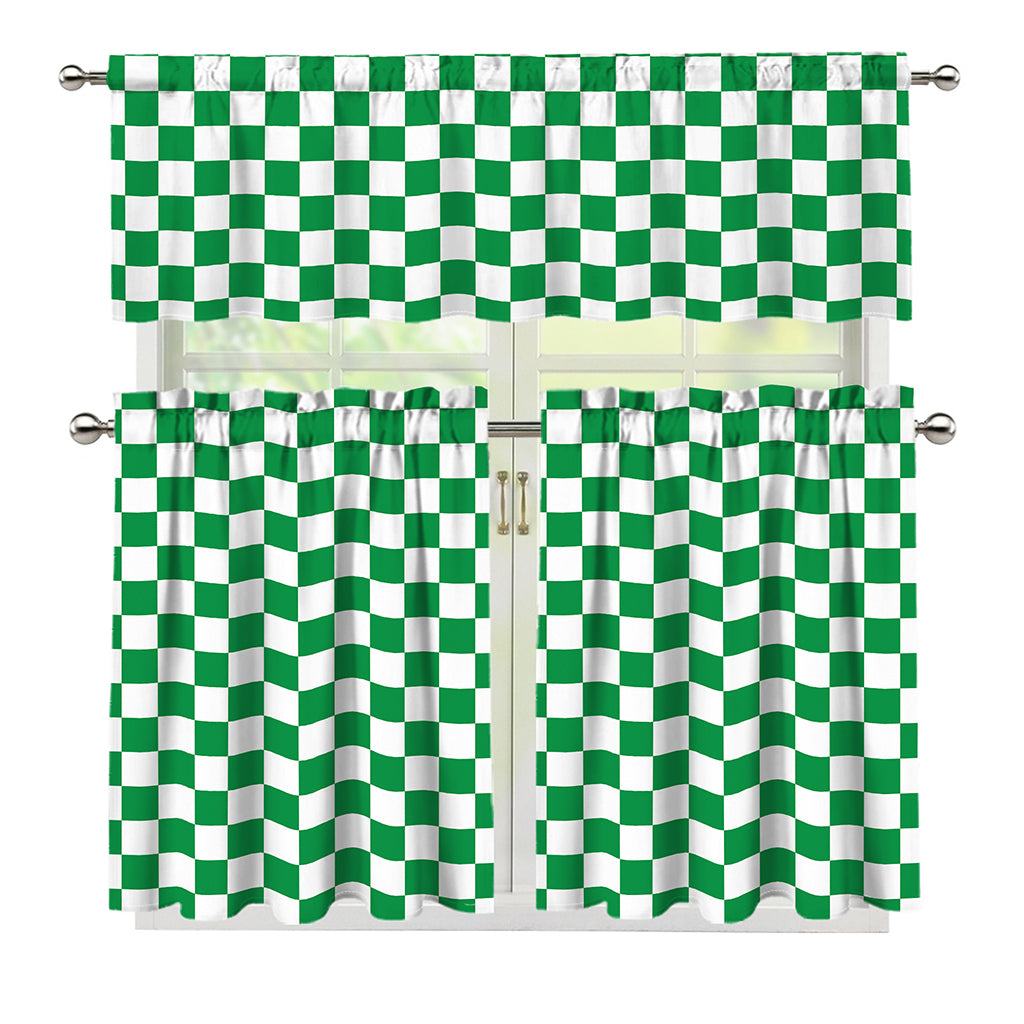 Green And White Checkered Pattern Print 3 Piece Kitchen Curtains