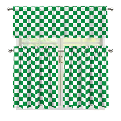 Green And White Checkered Pattern Print 3 Piece Kitchen Curtains