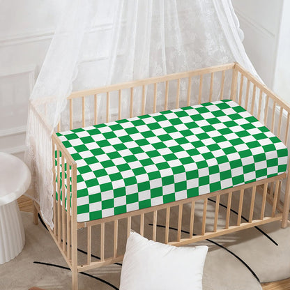 Green And White Checkered Pattern Print Baby Crib Sheet