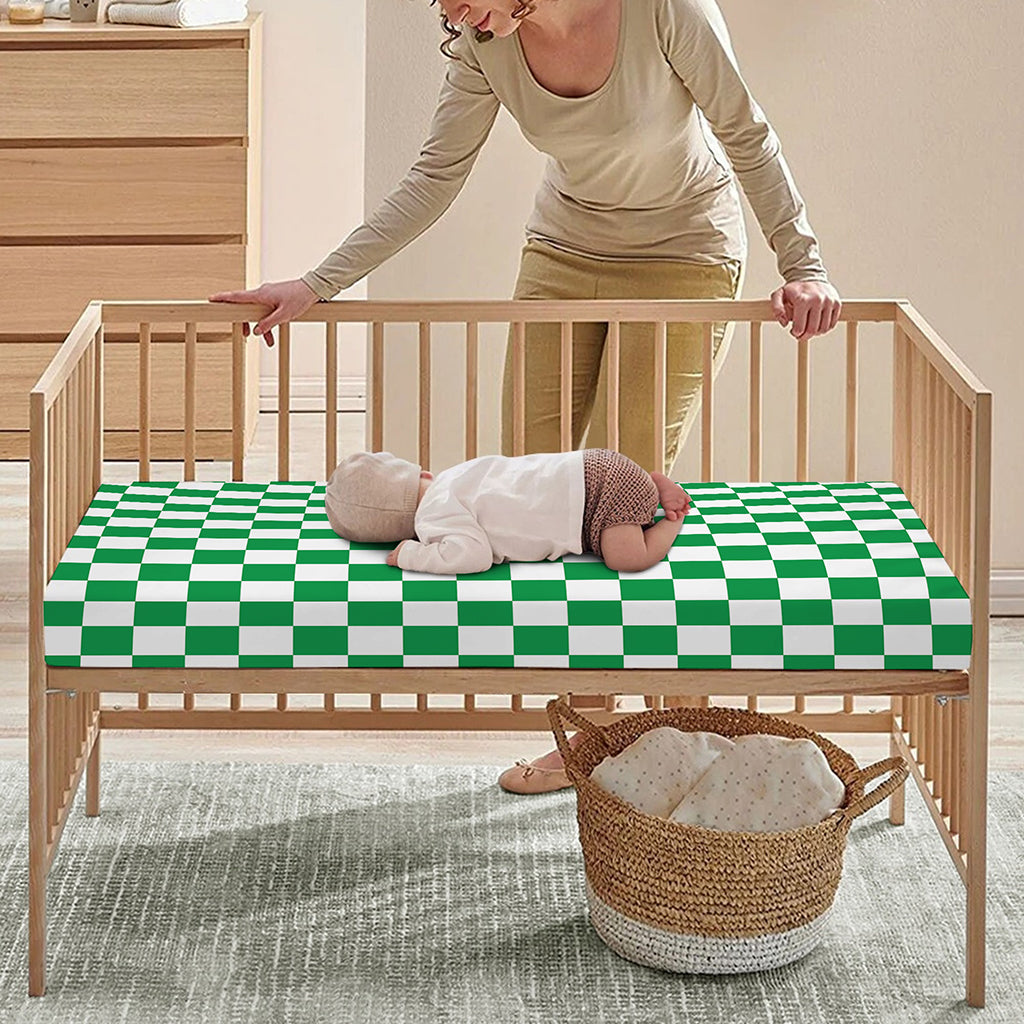 Green And White Checkered Pattern Print Baby Crib Sheet
