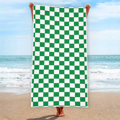 Green And White Checkered Pattern Print Beach Towel