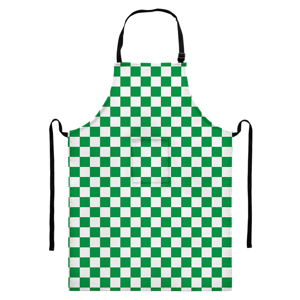 Green And White Checkered Pattern Print Bib Apron With Pocket