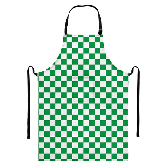 Green And White Checkered Pattern Print Bib Apron With Pocket