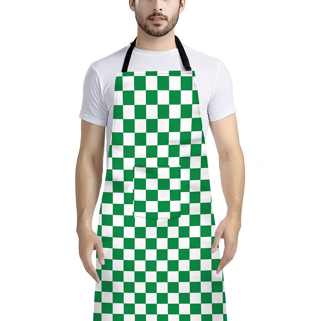 Green And White Checkered Pattern Print Bib Apron With Pocket